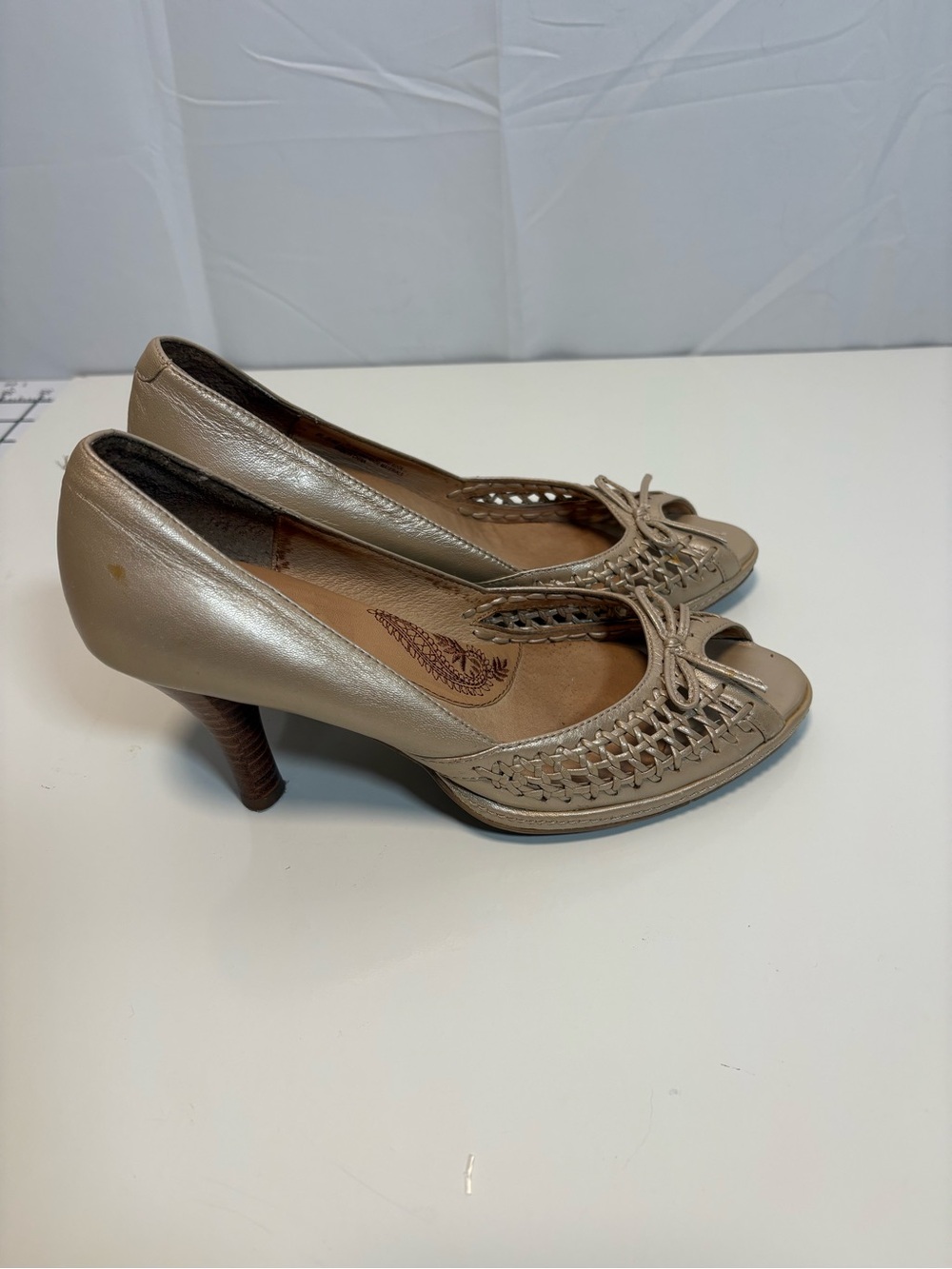 Sofft Metallic Taupe Woven Peep-Toe Heels